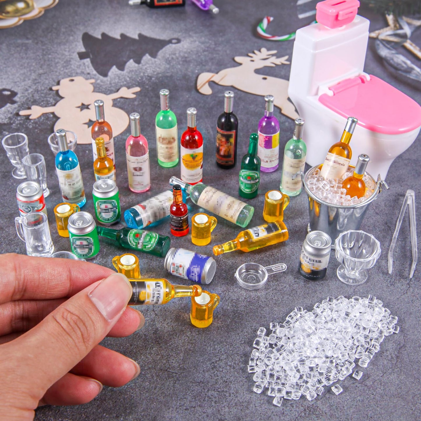 HSJH 71 Pcs Miniature Ice Cubes Beer Bottles and Mini Drink Soda Pop Cans House Accessories for Fairy Garden Pub Bar Cake Decoration 1/12 Doll House Barrel Pretend Play DIY Party Toys Red Wine