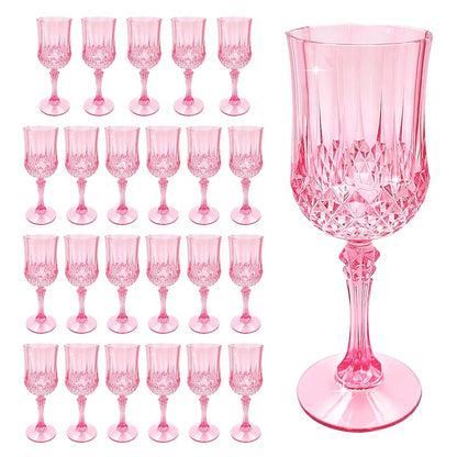 JUSONEY 7oz Vintage-Inspired Plastic Wine Glasses | 48-Piece Crystal Textured Plastic Goblets，Disposable Wine Glasses for Weddings, Parties & Elegant Events(48-Pink)