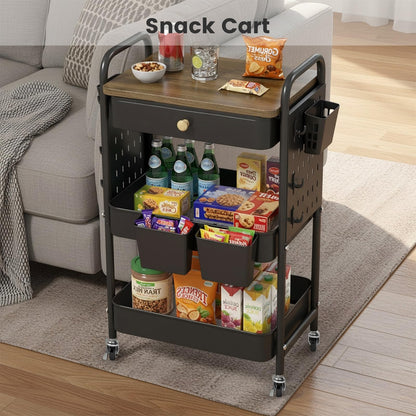 danpinera 3-Tier Rolling Cart, Metal Rolling Storage Cart with Wooden Table Top & DIY Pegboards, Storage Cart with Wheels, Hooks & Hanging Cups, Storage Organizer Cart Craft Art Cart, Black