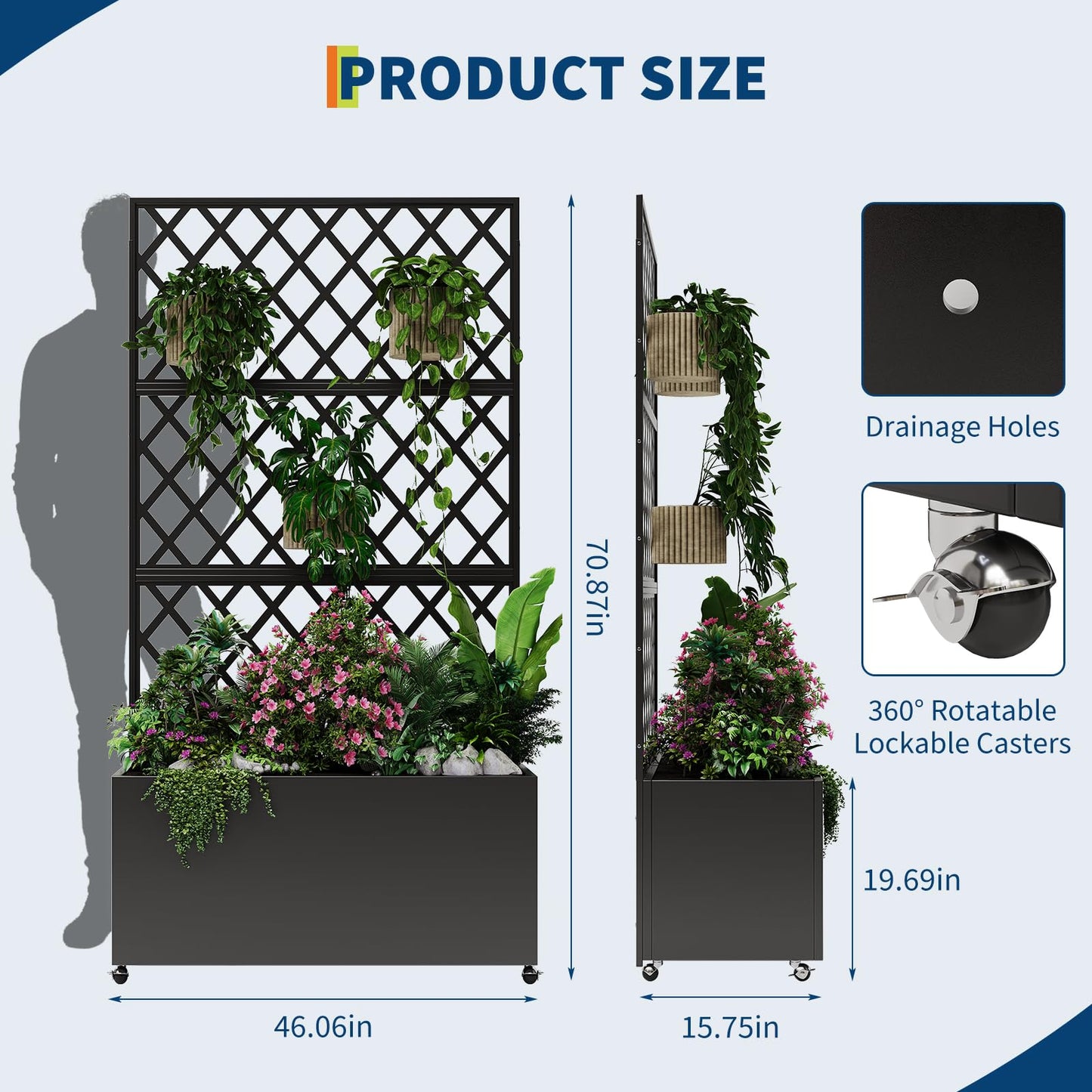 Takywep Mobile Galvanized Steel Raised Garden Bed with Trellis & Privacy Screen – Large Outdoor Planter Box, Lockable Wheels, Drainage Holes – Ideal for Vegetables, Herbs & Vines – Black, 117x180cm