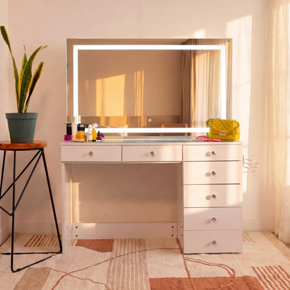 Boahaus Aria Vanity Desk with LED Mirror – 7 Drawer Makeup Station with Integrated Power & Built-in Speakers