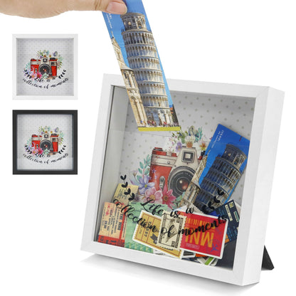 FramePro 8"x8" Travel Memory Shadow Box with Slot - Ticket Stub Organizer & Memory Box for Keepsakes, Shadow Box Frame Display Case for Photos and Tickets, Wall Mount or Tabletop (White)