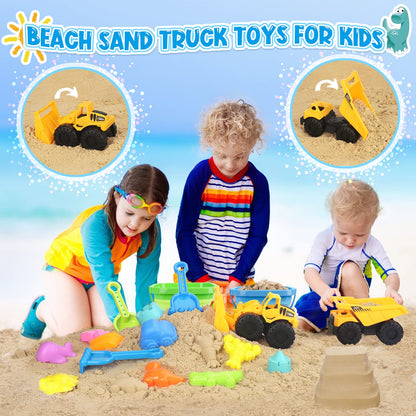 FHOZGECY Beach Toys, Sand Toys for Kids Boys and Girls with 2 Construction Vehicle, 2 Collapsible Bucket, Sand Castle Building Kit, Sand Molds, Mesh Bag, Outdoor Toys for Kids Ages 4-8