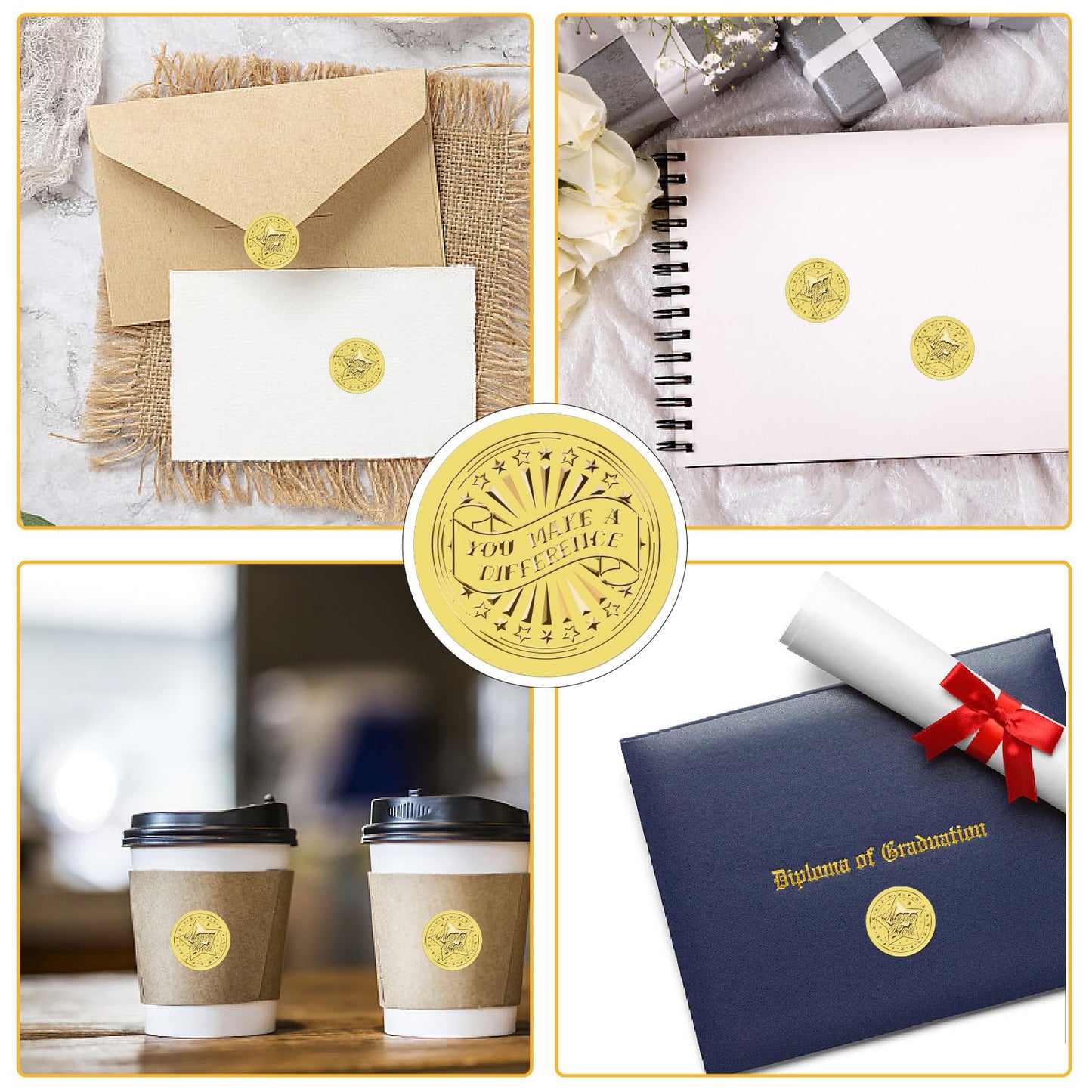 CRASPIRE 625Pcs You Make a Difference Gold Envelopes Seals Stickers 1.5" Foil Embossed Self Adhesive Certificates Round Labels for Invitation Graduation Award Diplomas Wedding Gift Wrapping Decor