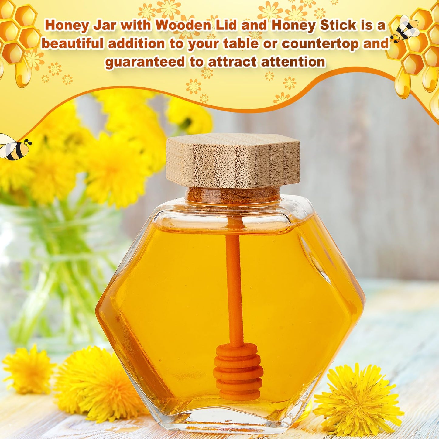 Sunnyray 20 Pcs Glass Honey Jars with Dipper Hexagonal Clear Glass Dispenser Small Honey Containers Bottle with Wooden Dipper and Cork Lid for Home Storage Kitchen (220 ml)