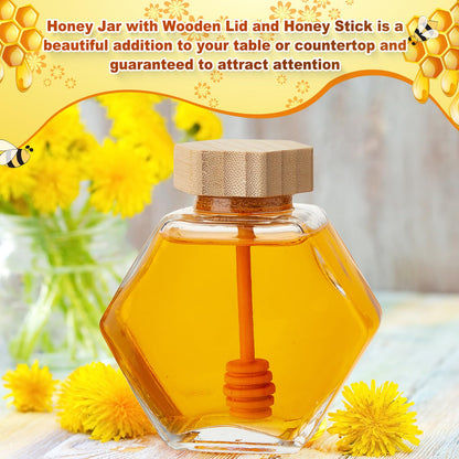 Sunnyray 20 Pcs Glass Honey Jars with Dipper Hexagonal Clear Glass Dispenser Small Honey Containers Bottle with Wooden Dipper and Cork Lid for Home Storage Kitchen (220 ml)