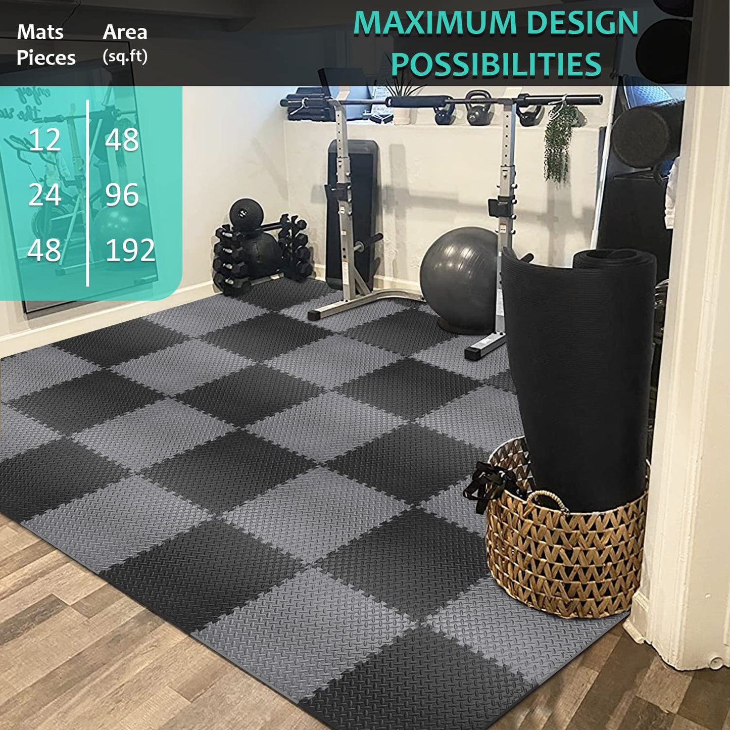 BEAUTYOVO Puzzle Exercise Mat With 48 Tiles Interlocking Foam Gym Mats, 24'' x 24'' EVA Floor Tiles, Protective Flooring for Gym Equipment (192 Sq.Ft - Black&Grey)