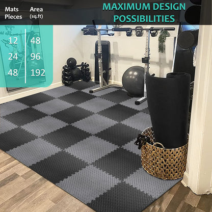 BEAUTYOVO Puzzle Exercise Mat With 48 Tiles Interlocking Foam Gym Mats, 24'' x 24'' EVA Floor Tiles, Protective Flooring for Gym Equipment (192 Sq.Ft - Black&Grey)