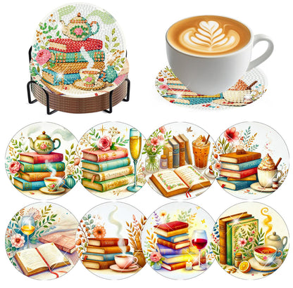 8 PCS Diamond Art Coasters Kits Book Diamond Painting Coaster Kits Diamond Coasters with Holder Cork Pads Gem Art Dots Paintings Crafts Supplies for Adults Beginners