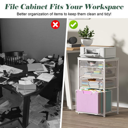 Sbanmao 4 Drawer Rolling File Cart with Wheels, Mobile Filing Cabinet for Home Office, Hanging File Organizer, Under Desk Storage, Multifunctional Utility Cart Printer Stand, White