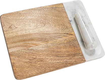 Creative Co-Op Mango Wood and Marble Cheese and Cutting Board with Inlaid Marble Pestle