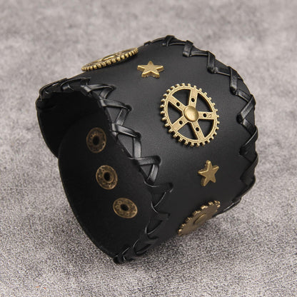 GelConnie Mens Bracelets Leather Cuff Steampunk Alloy Gear Leather Wristbands for Men Women Bracelets Cuff Bangle Jewelry