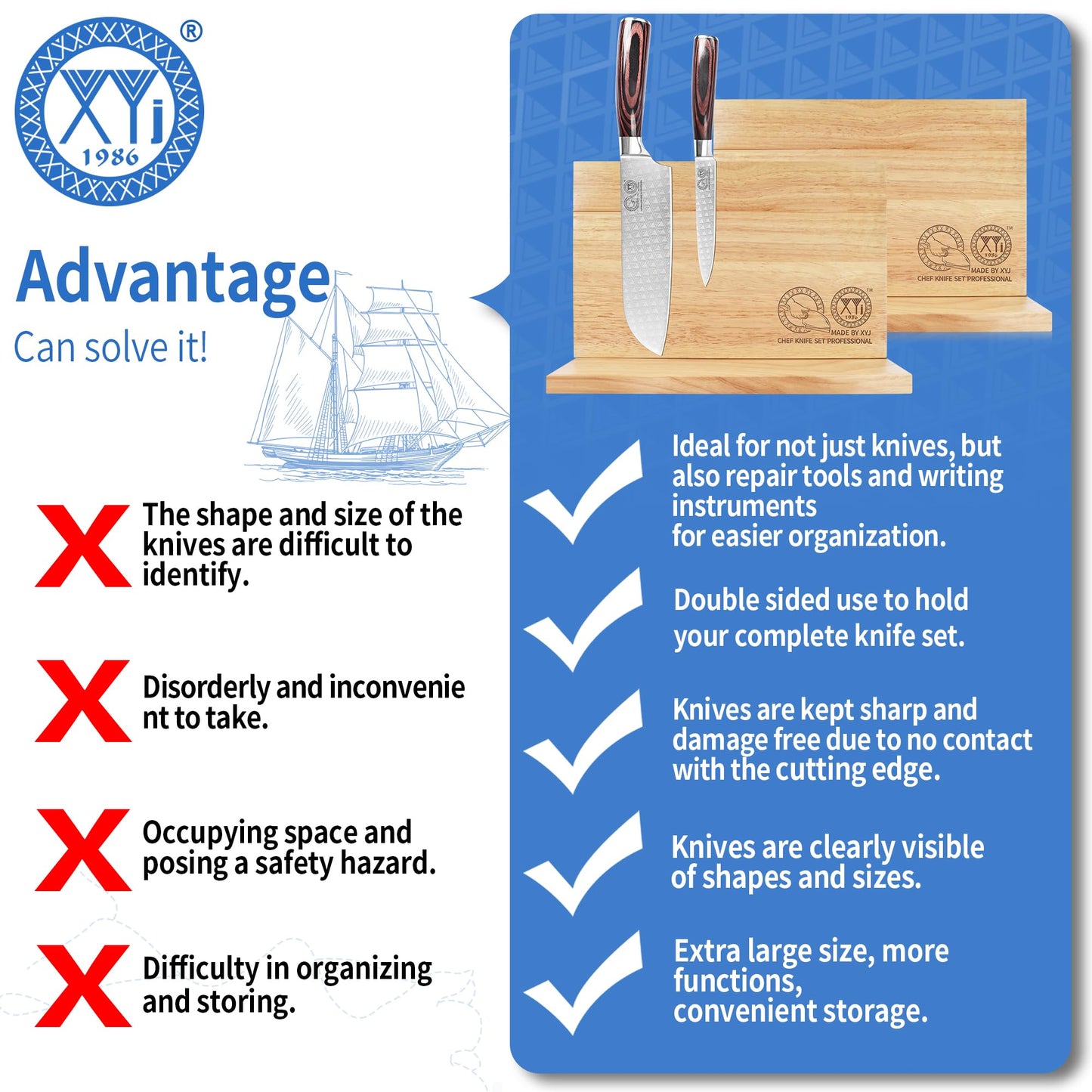 XYJ Authentic Since 1986, Magnetic Knife Block, Double Side Kitchen Knife Stand, Acacia Wood, Magnetic Knife Holder with Strong Enhanced Magnets,Knives Storage Rack Stand for Home Kitchen