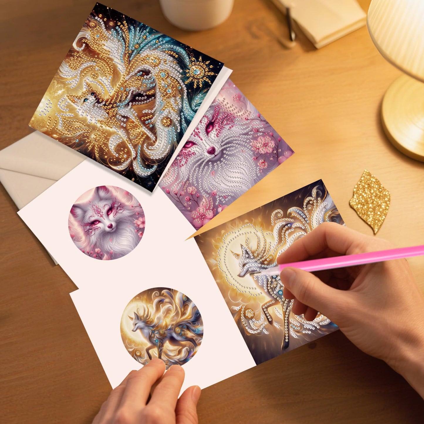 JZHYOAN 6 Packs Animal Diamond Painting Greeting Cards Kits for Adults DIY Nine-Tailed Fox Diamond Art Birthday Card with Envelopes Art and Craft Card Making Kits for Birthday Holiday Congratulation