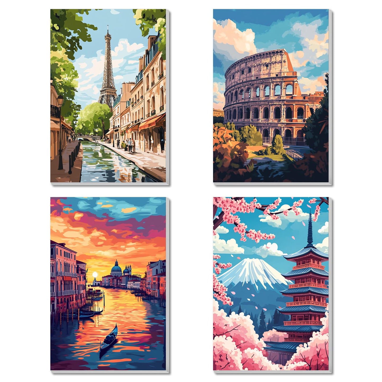 obterie 4 Pack Framed Paint by Numbers Kit for Adults Beginner Canvas Painting by Numbers for Adults Landscapes Easy Adult Paint by Number Kits with Frame City Watercolor Painting by Number 8x12 Inch