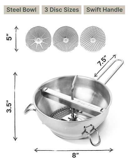 Ergonomic Food Mill Stainless Steel With 3 Grinding Discs - Rotary Food Mill for Tomato Sauce, Applesauce, Puree, Mashed Potatoes, Jams, Baby Food