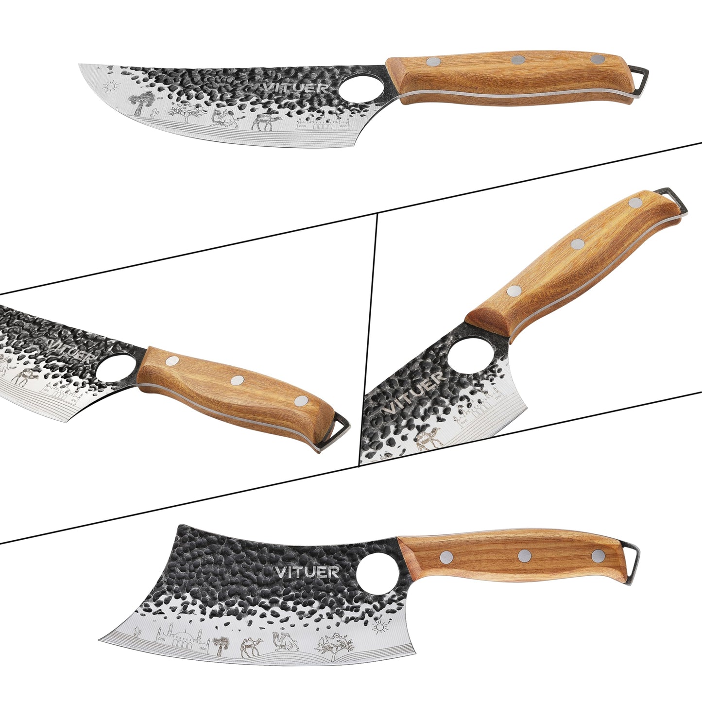 3PCS Butcher Knife Set, Hand Forged 7" Butcher Meat Cleaver, 7" Serbian Chef and 6.5" Viking Knife, Great for Indoor & Outdoor (Stylish Pattern Design)