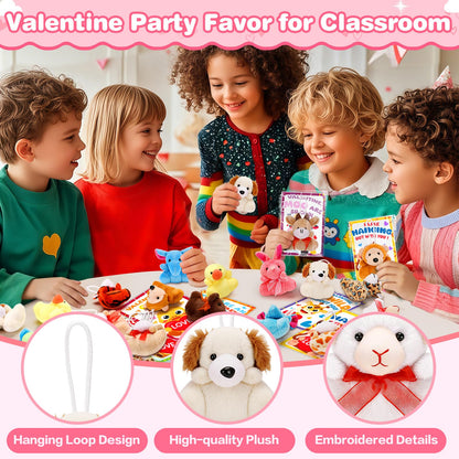 Valentines Day Gifts for Kids Classroom, 24 Pack Valentines Day Cards with Animal Plush Toy, Stuffered Animal Toys for Valentines Gifts Exchange, Kids Valentines Party Favors Supply For Boys Girls