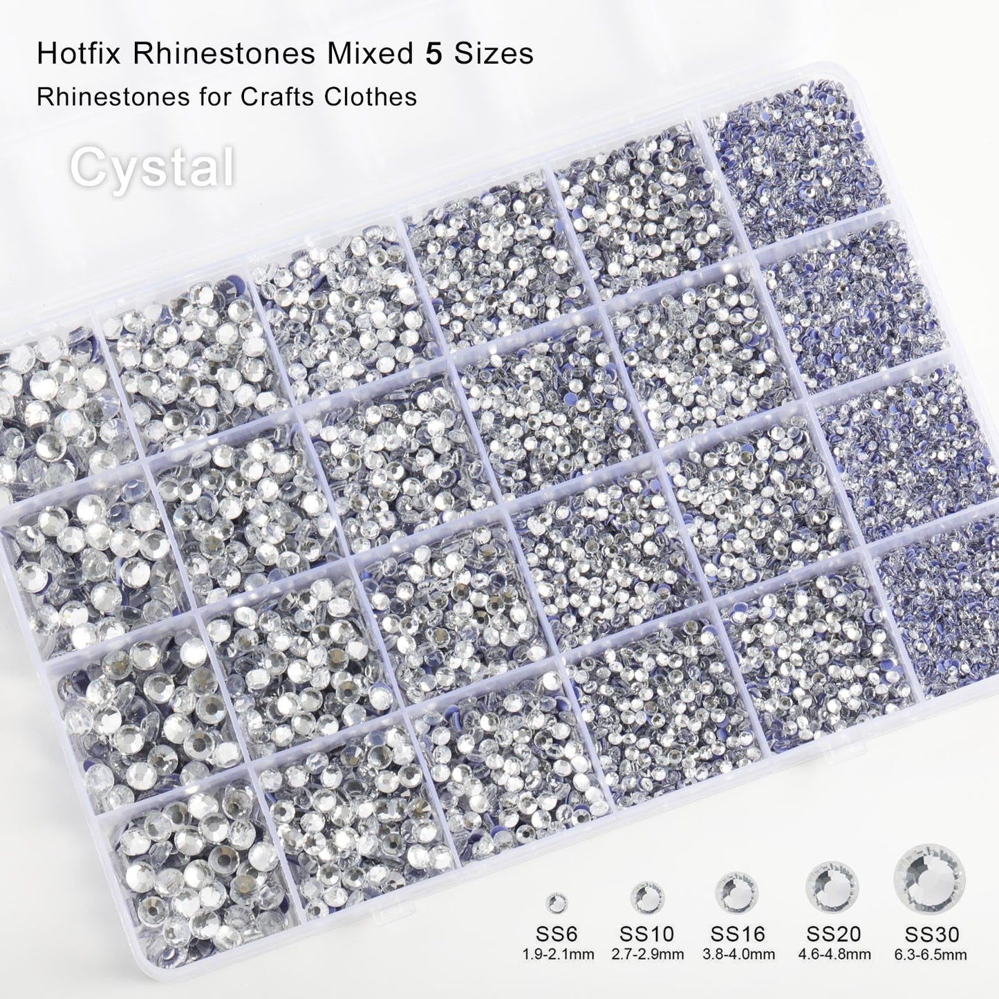 Crystal Hotfix Rhinestones Multi Sizes Kit, 14400 pcs Heat Fix Rhinestone for Bedazzling Clothes Crafts Mixed 5 Sizes with Wax Pencil, Tweezers and Spoon, SS6-SS30, Crystal