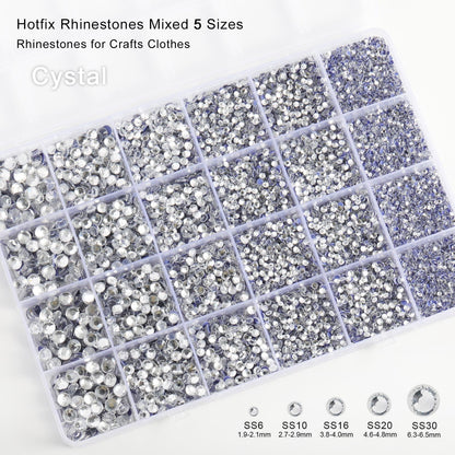 Crystal Hotfix Rhinestones Multi Sizes Kit, 14400 pcs Heat Fix Rhinestone for Bedazzling Clothes Crafts Mixed 5 Sizes with Wax Pencil, Tweezers and Spoon, SS6-SS30, Crystal