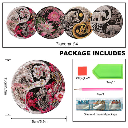 DIY Diamond Painting Placemats, Round Yin Yang Table Mats, 5.9 Inch, 4 Pack, Home Decor Craft Kit with Pen, Tray, and Clay Glue