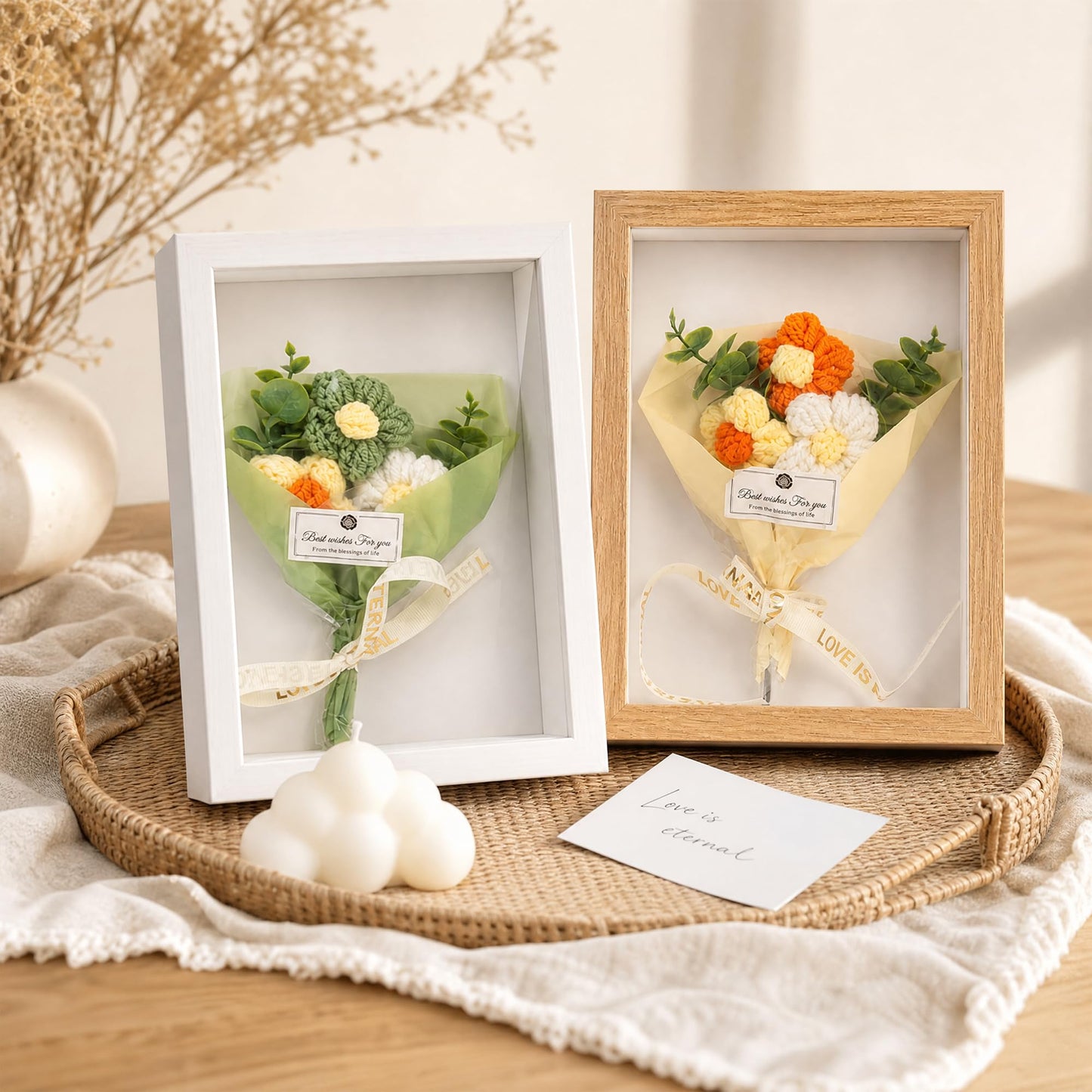 2Pack 5x7 Shadow Box Frame w. Mini Crochet Flower Bouquet, Small Shadow Box Frame, DIY Shadow Boxes Display Cases for Home Decor, Wedding, Birthday for Women, Mom, Friends