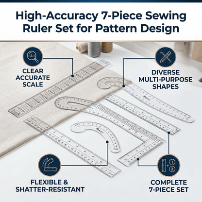 Professional Sewing Ruler Set, 7-Piece French Curve Pattern Making Rulers for Tailors, Designers, Beginners