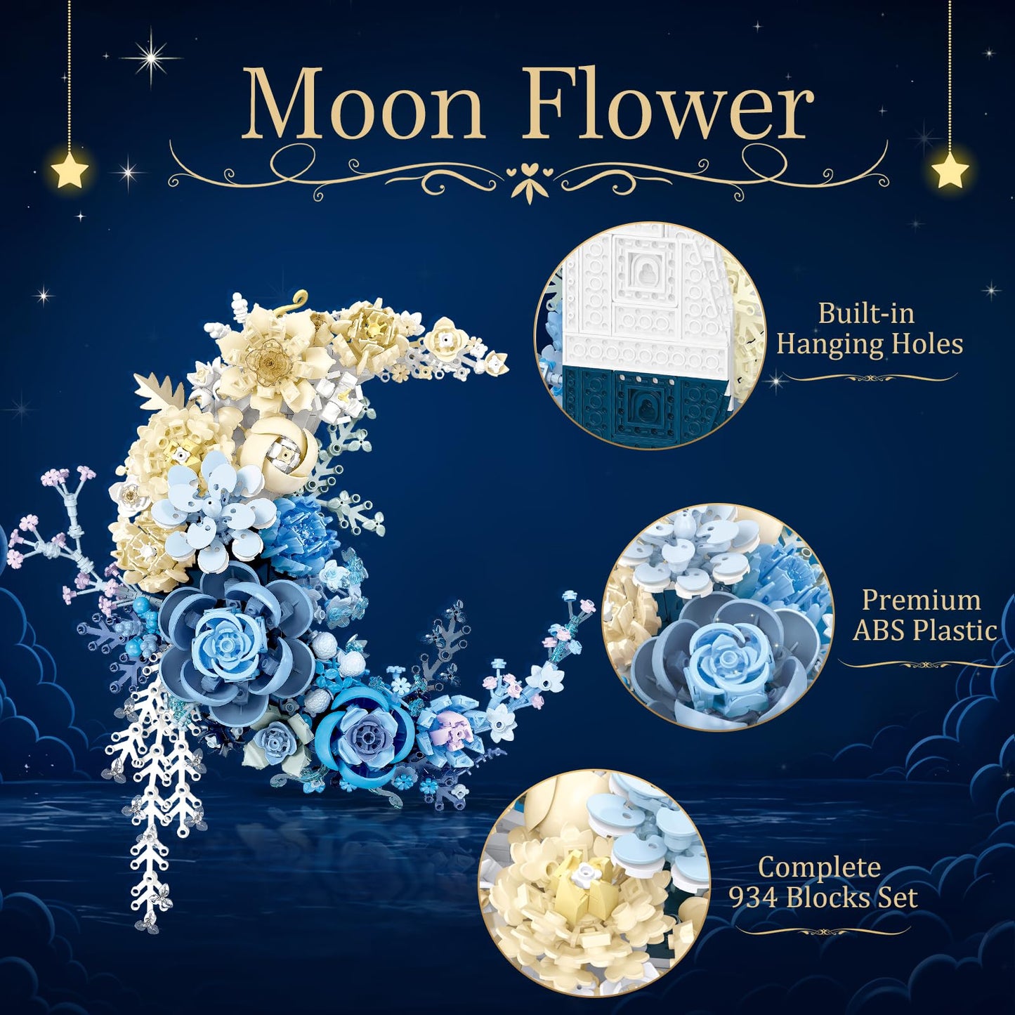 Sahteg 934PCS Blue Moon Flower Building Blocks Kit for Adults, Crescent Moon Botanical Art Display, Artificial Flowers Building Set for Home Décor Wall Art Decoration