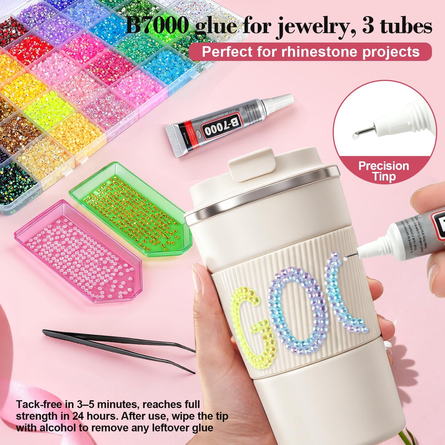 50000Pcs Resin Jelly Rhinestones for Bedazzling, 3mm Bedazzler Kits Rhinestones with 3Pcs 10ml B7000 Jewelry Glue, Multicolor Flat Back gems for Book Tumblers Crafts DIY Diamonds Art Accessories
