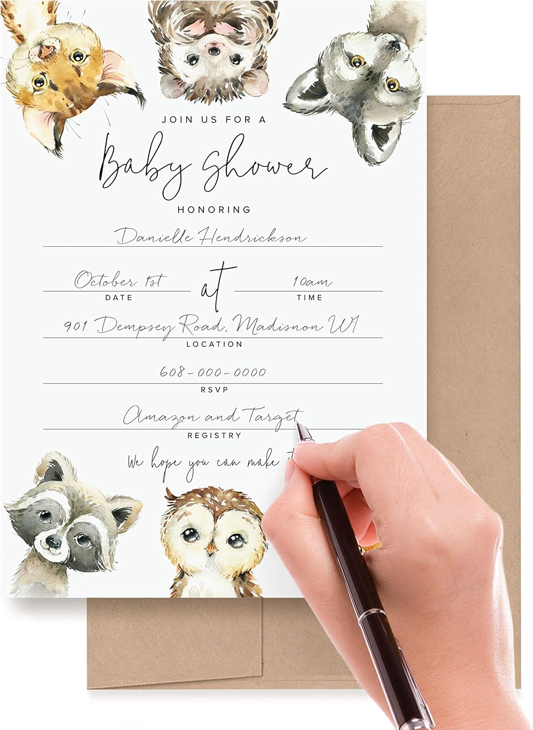 Bliss Collections 25 Baby Shower Invitations with Envelopes, Woodland Animals, Gender Neutral 5x7 Cards