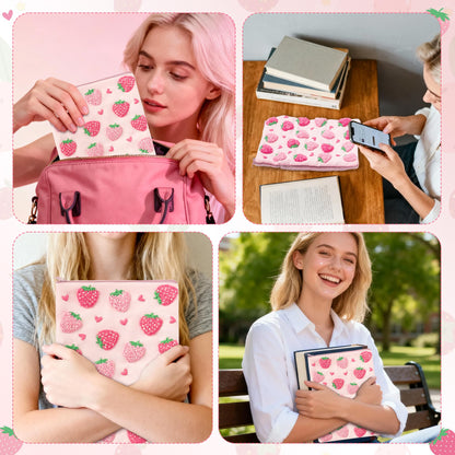 Fiupan All-in-One Strawberry Embroidery Kit - DIY Craft Kit with Thread, Fabric & Needles, Pink Embroidery Pouch for Tablet E-Reader Sleeve, Creative Birthday Gifts for Beginners（6-6.8 Inch）