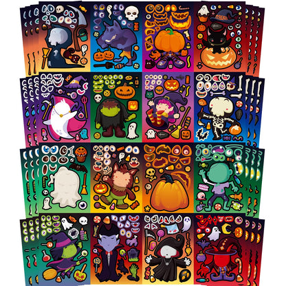 Aowplc 64 Sheets Halloween Party Games Stickers for Kids Make Your Own Stickers with 16 Different Designs Cute Halloween Party Favors Crafts Supplies