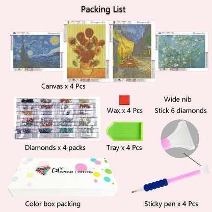 Muzagroo Art Van Gogh Diamond Painting Kits for Adults, DIY 5D Diamond Art Kits for Beginners, Starry Night Arts and Sunflower Crafts Diamond Art for Living Room, Kids Room 4 PCS Wall Art
