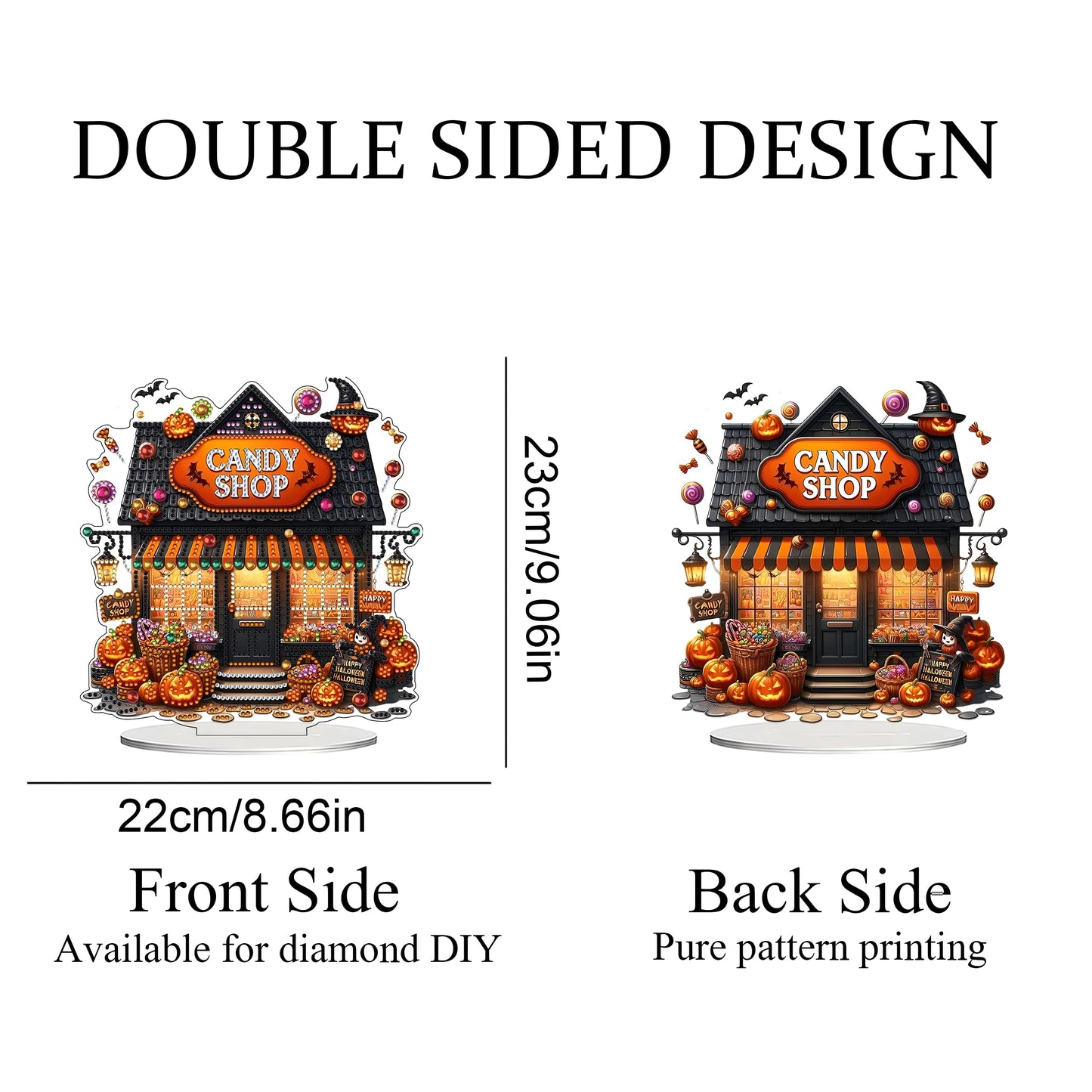 JJFox DIY 5D Tabletop Diamond Art Painting Kit， Desktop Ornament Special Shaped Rhinestone Desk Placement Ornament，Home Stand Up Gem Painting Craft Kit，Gift (Halloween Candy Shop)