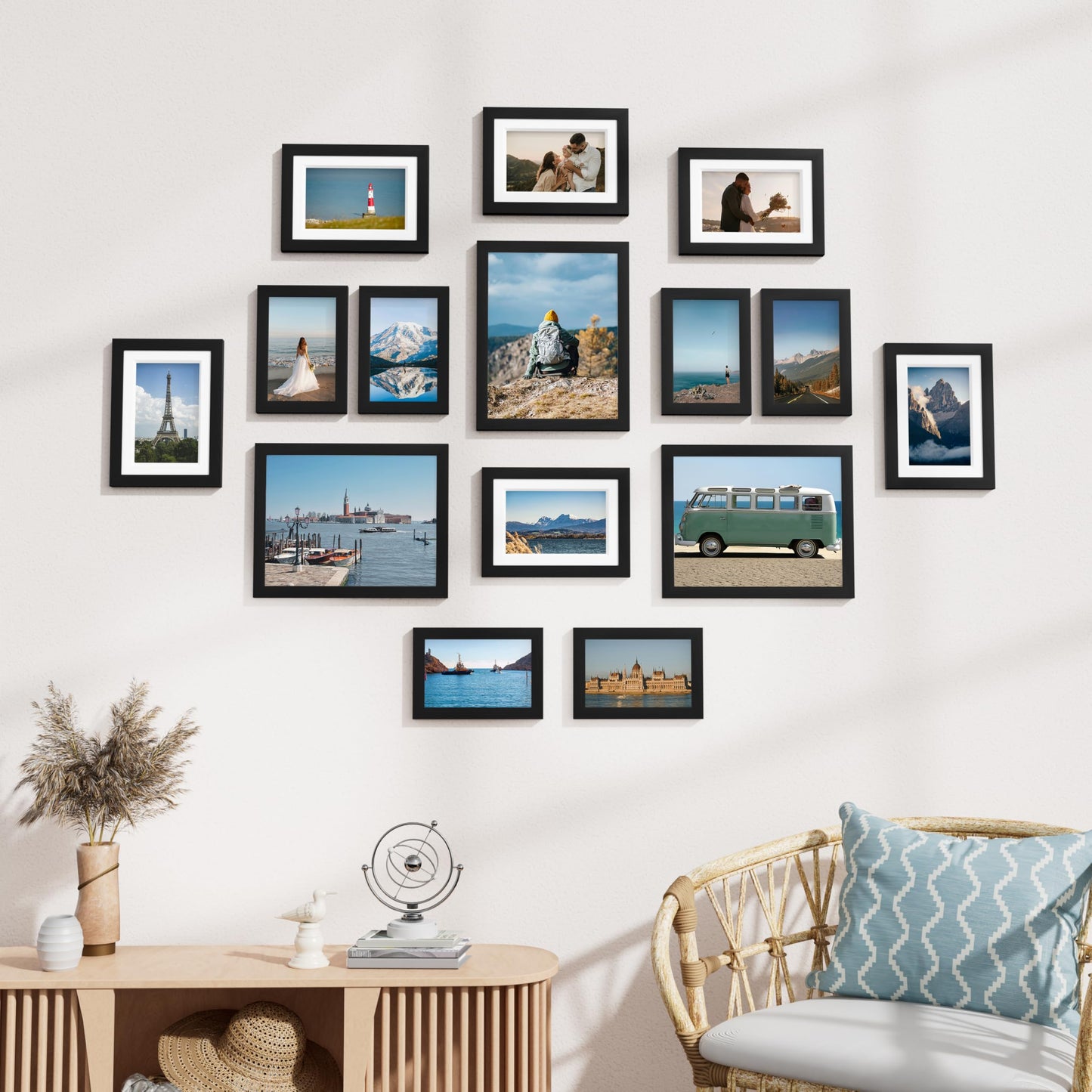 Vittanly 15 Pack Picture Frames Collage Wall Decor for Mounting or Tabletop Display, Gallery Frame Set for Family, Multi Sizes Including 3pcs 8x10, 6pcs 5x7, 6pcs 4x6, Black