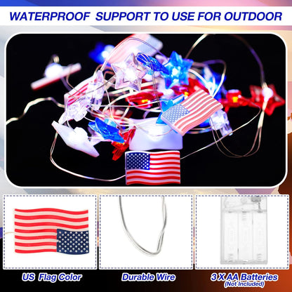 2 4th 10ft 30 Zhanmai Pcs of July Decorations Lights Red White Blue String Lights LED Patriotic Stars American Flag