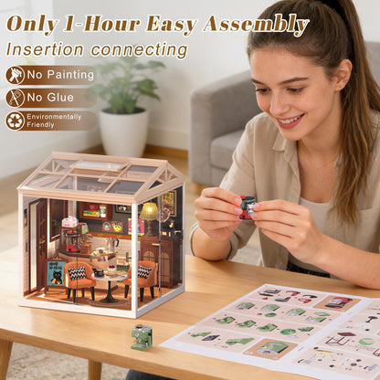 Loyratche DIY Retro Coffee Shop Miniature House Kit, 115 Pieces Mini Dollhouse with Furniture & LED Light with Roof & Dust Covers Tiny House Toy for Adults