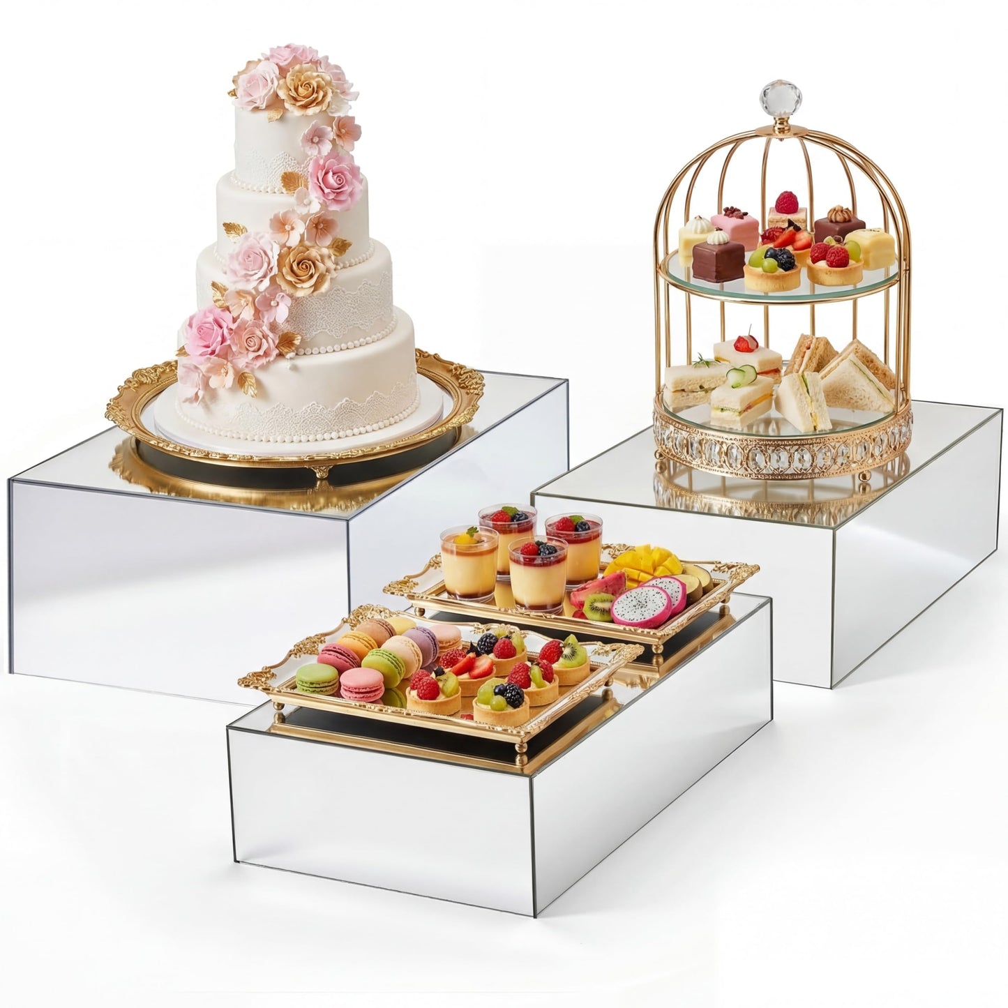 BrightRow 3 Pack Extra Large Acrylic Buffet Risers - 14” 13” 12” Silver Cube Display Stands with Hollow Bottoms, Table Display Boxes Set for Food Dessert Cake Drink Catering Party Supplies