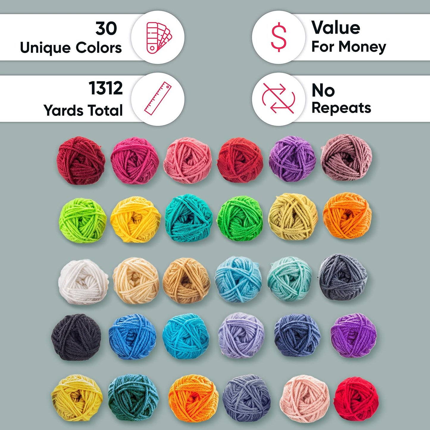 CRAFTISS 30 of 20g/0.7Oz Acrylic Yarn Mini Skeins - 1300 Yards of Soft Yarn for Crocheting and Knitting Craft Project, Assorted Starter Crochet Bulk Kit for Adults and Kids - Mothers Day Gift