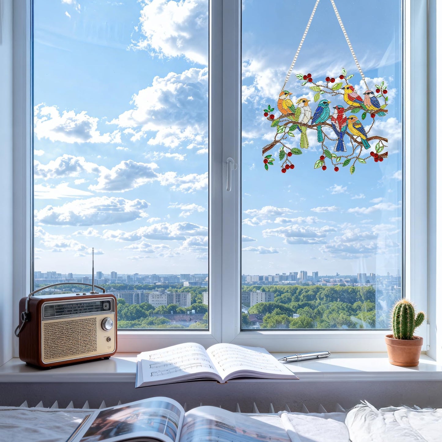 CEOVR Spring Birds Hanging Diamond Art for Adults, Birds on Branch Diamond Painting Pendant DIY Gem Art Wall Hanging Ornament, Acrylic Home Garden Decor with Chain, Box Kit 9.63 * 8.17inch