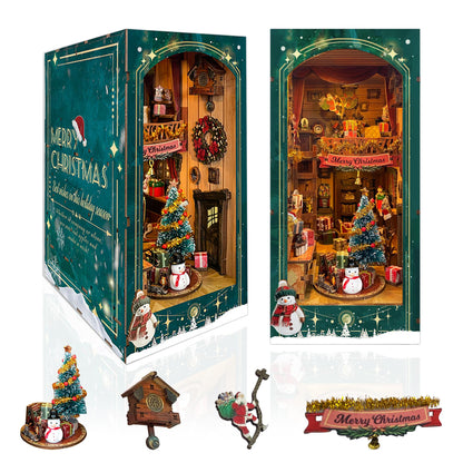 Strucwood Christmas Book Nook Kit with LED Light - 3D Wooden Puzzles Booknook for Book Shelf Decor - DIY Dollhouse Kit - Book Nooks Decor with Dust Cover Jingle Cabin(SQ-34)