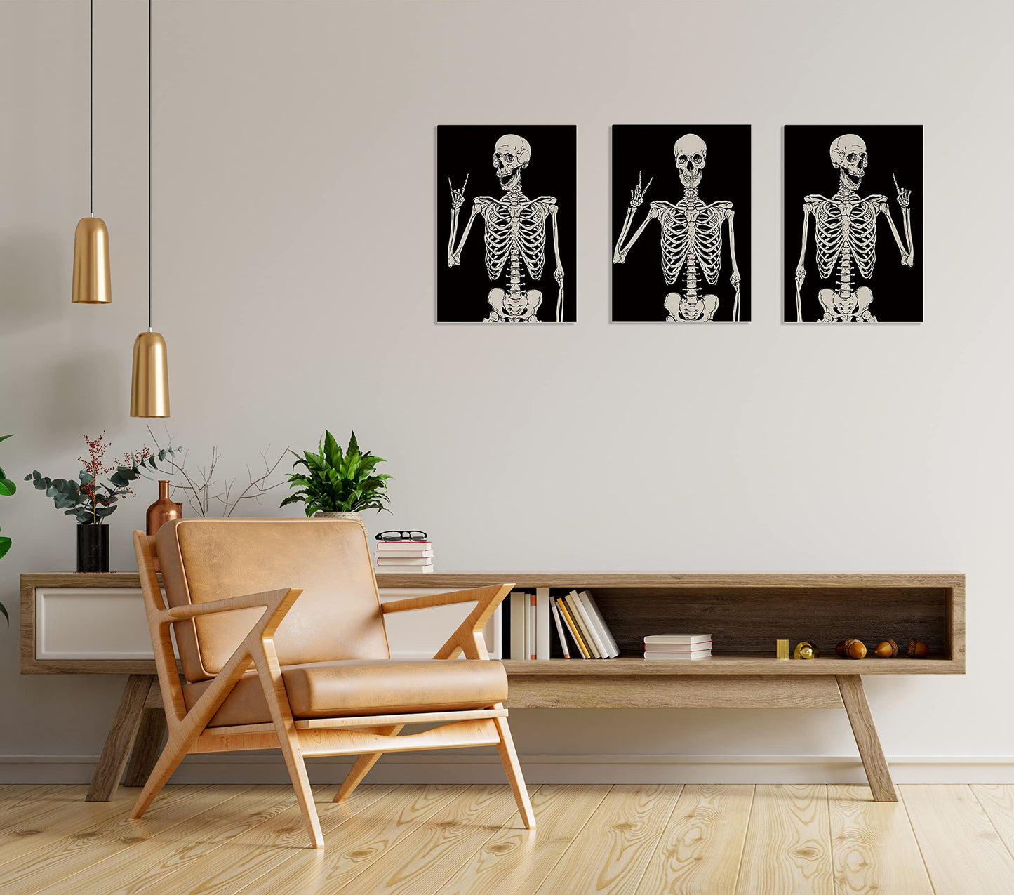 Gothic Skull Skeleton Rock and Roll Victory Hippie Posing Wall Art Canvas - Farmhouse Theme 11x14 Inch Prints (Set of 3) for Home Bedroom Decor - Gift for Gothic Lovers, Halloween