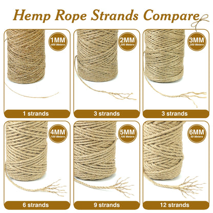 4mm*328 Feet Natural Jute Twine String DIY Home Decor,Medium Thick Jute Twine for Crafting Gift Wrapping Packing Gardening Crochet Knitting Macrame Decor,6-Strand Twisted Brown Rope for Cat Tree