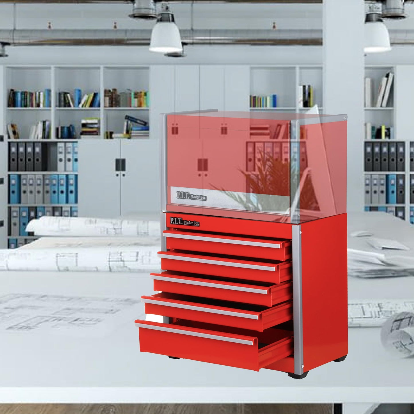 P.I.T. Mini Tool Box 8.6"W X 4.6"D, Portable 5-Drawer Micro Steel Stackable Toolbox with Liner, Red Cute Tool Case for Small Tools Parts Storage, Home DIY