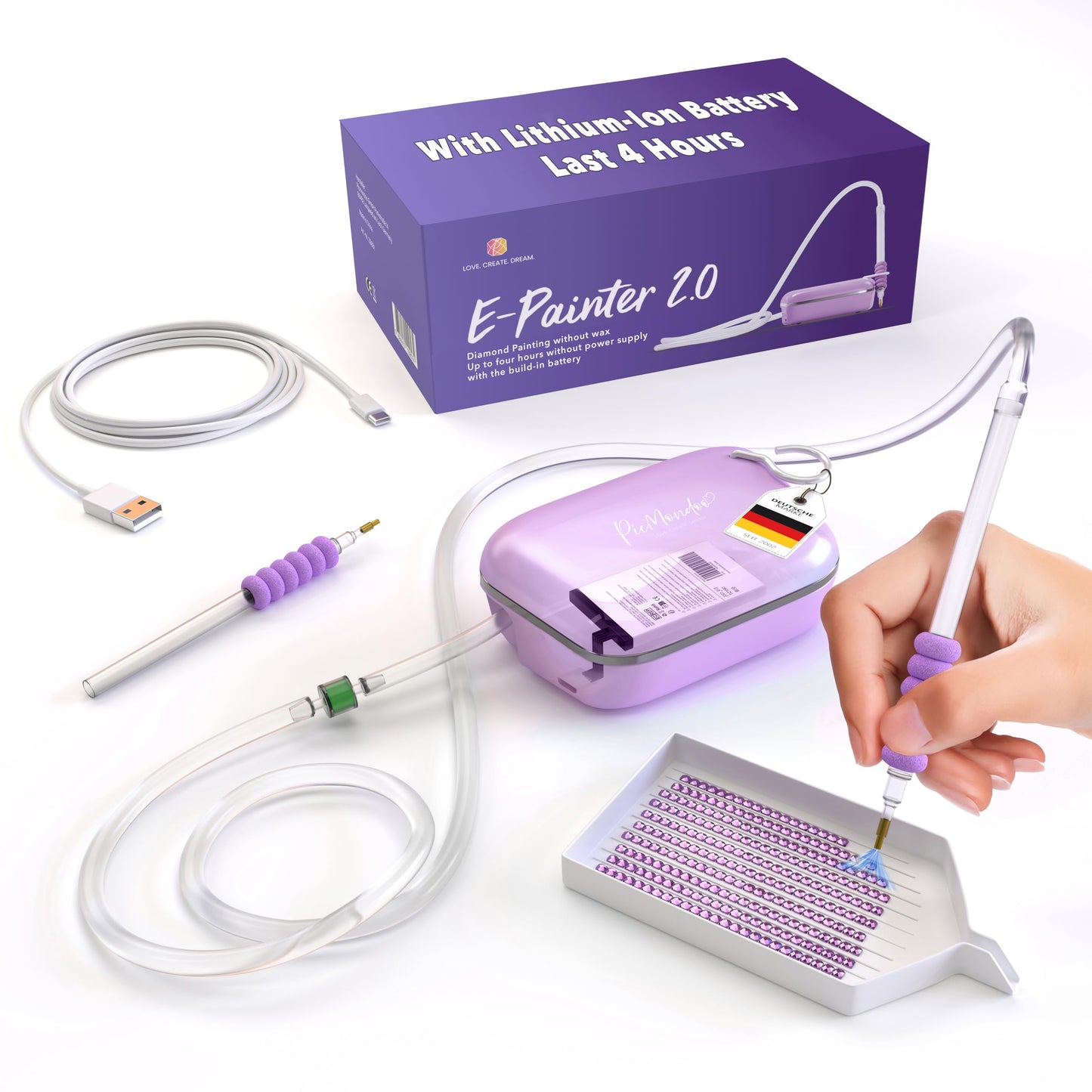 Picmondoo Electric Diamond Painting Pen – Wireless Vacuum Diamond Art Pen, Waxless Diamond Painting Tool Kit with Pump & Accessories for Fast & Easy Diamond Art, AB Stones Compatible (Purple, 2 Gear)
