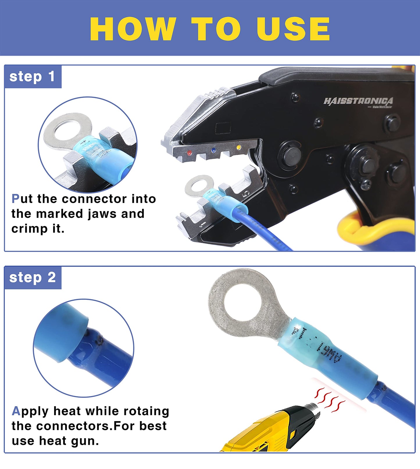 haisstronica Mini Heat Gun 350W+100pcs #10 & 100pcs 1/4" Blue Heat Shrink Ring Connectors
