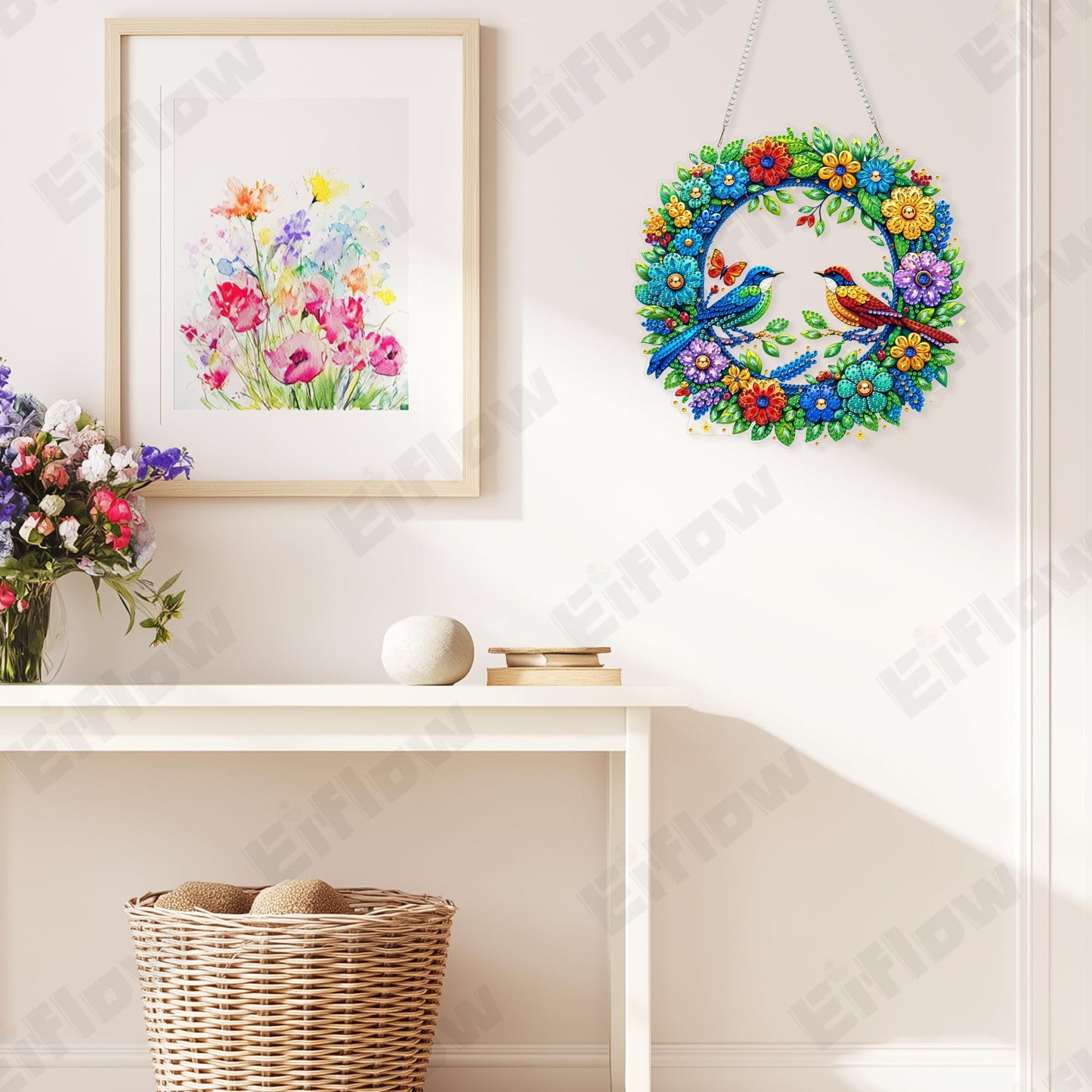 Eiflow Acrylic Diamond Art Hanging Kit for Adults Bird, DIY Diamonds Painting Door Hanging Board Kit, Special Crystal Diamond Art Painting Pendant Ornament (Wreath)