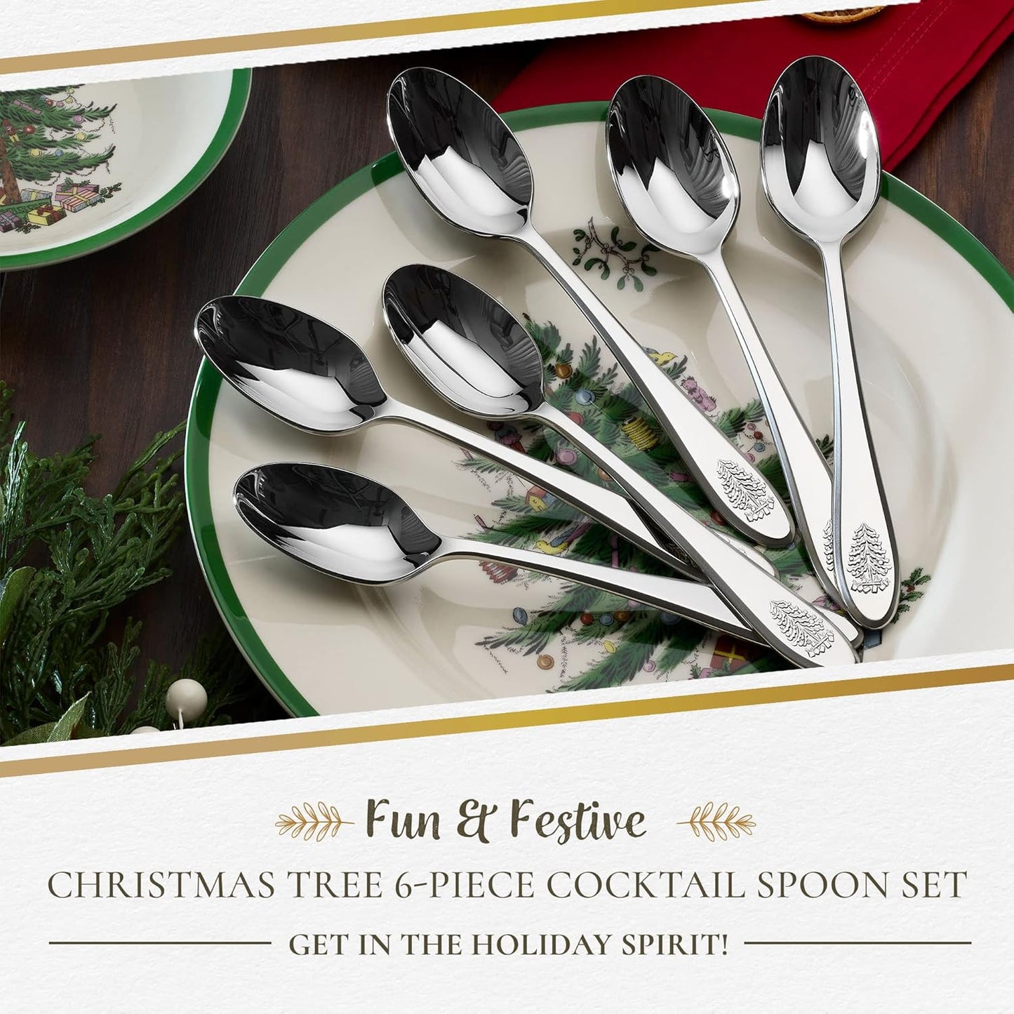 Spode Christmas Tree Cocktail Spoons | Christmas Dessert Spoons | Flatware Set for 6 | 18/10 Stainless Steel Utensil
