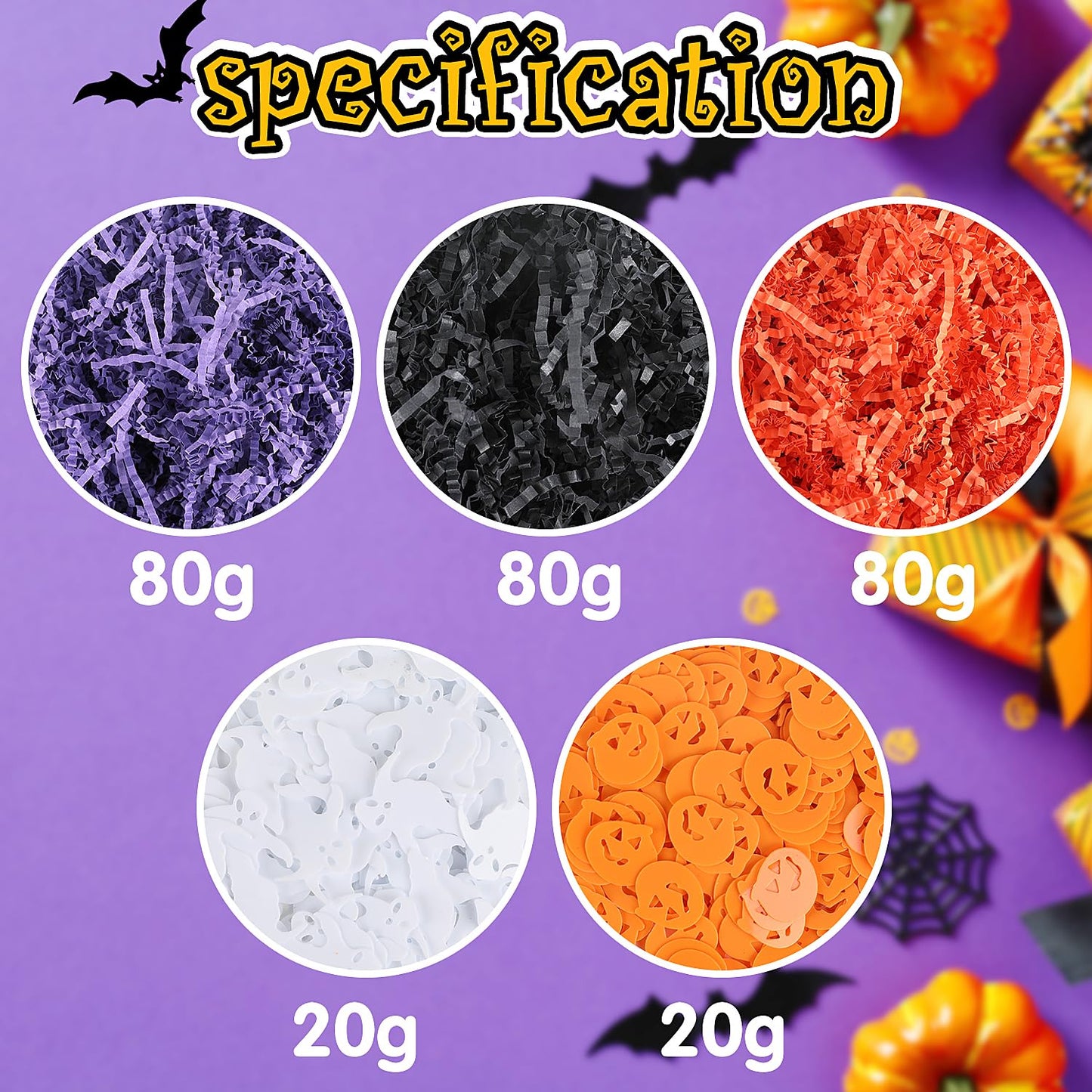 FOIMAS Halloween Crinkle Cut Paper,9.87oz Black Orange Purple Shred Raffia Paper with Pumpkin Ghost Confetti for Trick or Treat Halloween Bakset Gift Packaging Supply