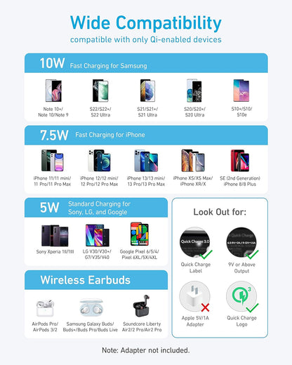 Anker 315 Wireless Charger (Pad), 10W Max Fast Charging - Compatible with iPhone 15/14/13 Series, Samsung S22, AirPods, Samsung Buds, Google Buds, and More - Wall Charger Not Included